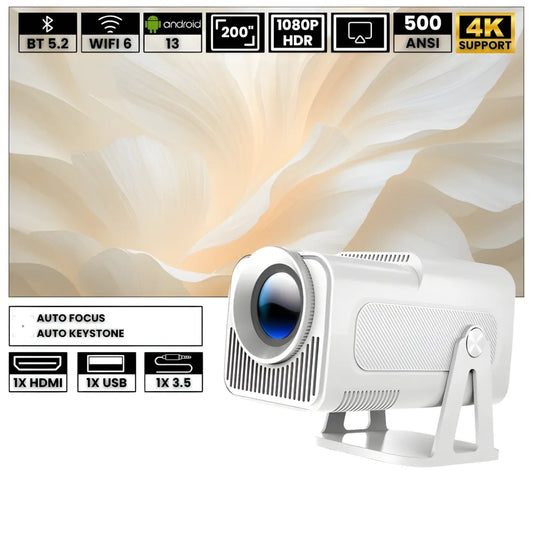 Proiettore portatile smart Full HD 1080p: Android 13, 500 ANSI lumen, base rotante, Wi-Fi 6 e streaming Netflix ovunque