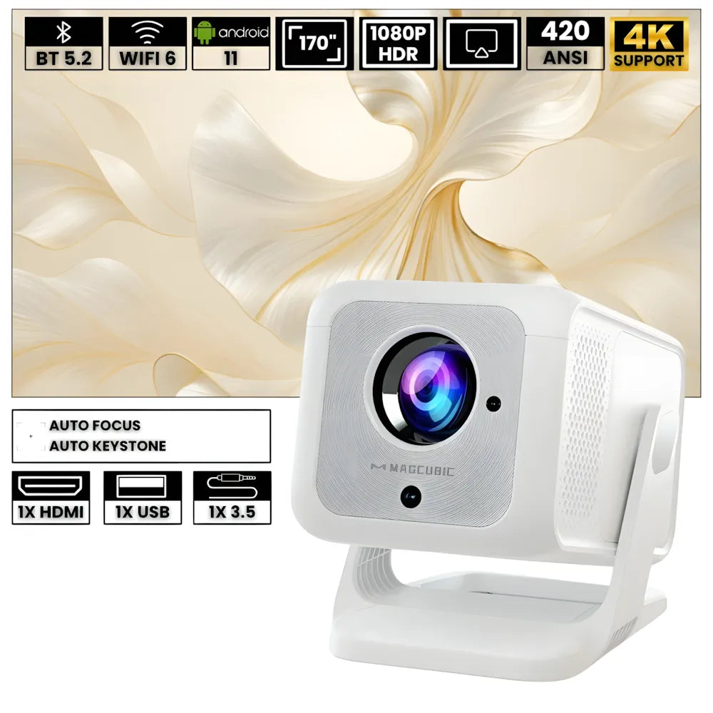 Proiettore portatile Full HD Android 11: autofocus, Wi-Fi 6, Bluetooth 5.2 supporto 180°, 420 ANSI lumen e streaming fino a 300 pollici ovunque