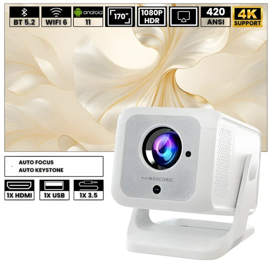 Proiettore portatile Full HD Android 11: autofocus, Wi-Fi 6, Bluetooth 5.2 supporto 180°, 420 ANSI lumen e streaming fino a 300 pollici ovunque