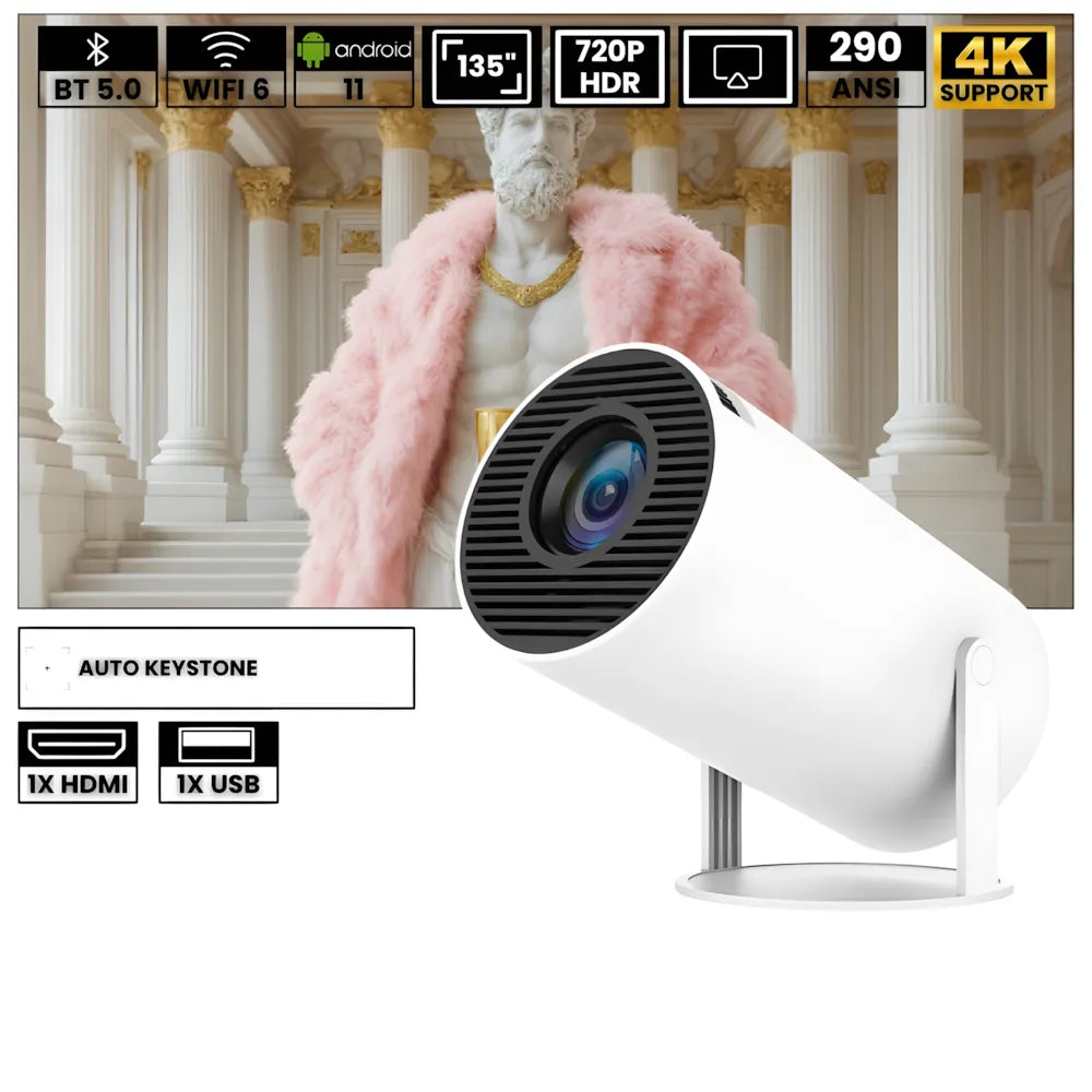 Mini proiettore HD portatile Android: base rotante 180°, autofocus, WiFi 6, Bluetooth e proiezione su muro o soffitto fino a 135”