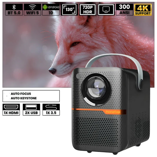Mini proiettore portatile Android: 300 ANSI lumen, autofocus motorizzato, compatibile 6K, Wi-Fi e Bluetooth 5.3 per cinema ovunque
