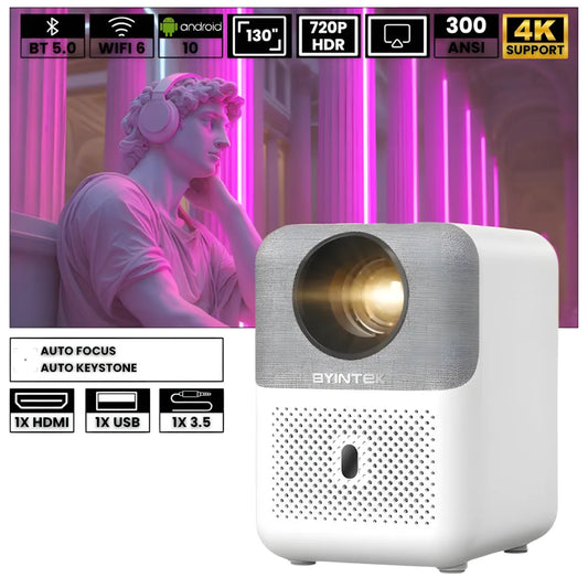 Mini proiettore compatto Android: HD 720p, auto focus, 300 ANSI lumen, anti-polvere e streaming fino a 200 pollici senza box esterno
