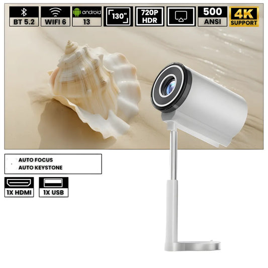 Mini proiettore portatile Android 13: 500 ANSI lumen, Wi-Fi 5G, rotazione 90°, plug and play per cinema ovunque