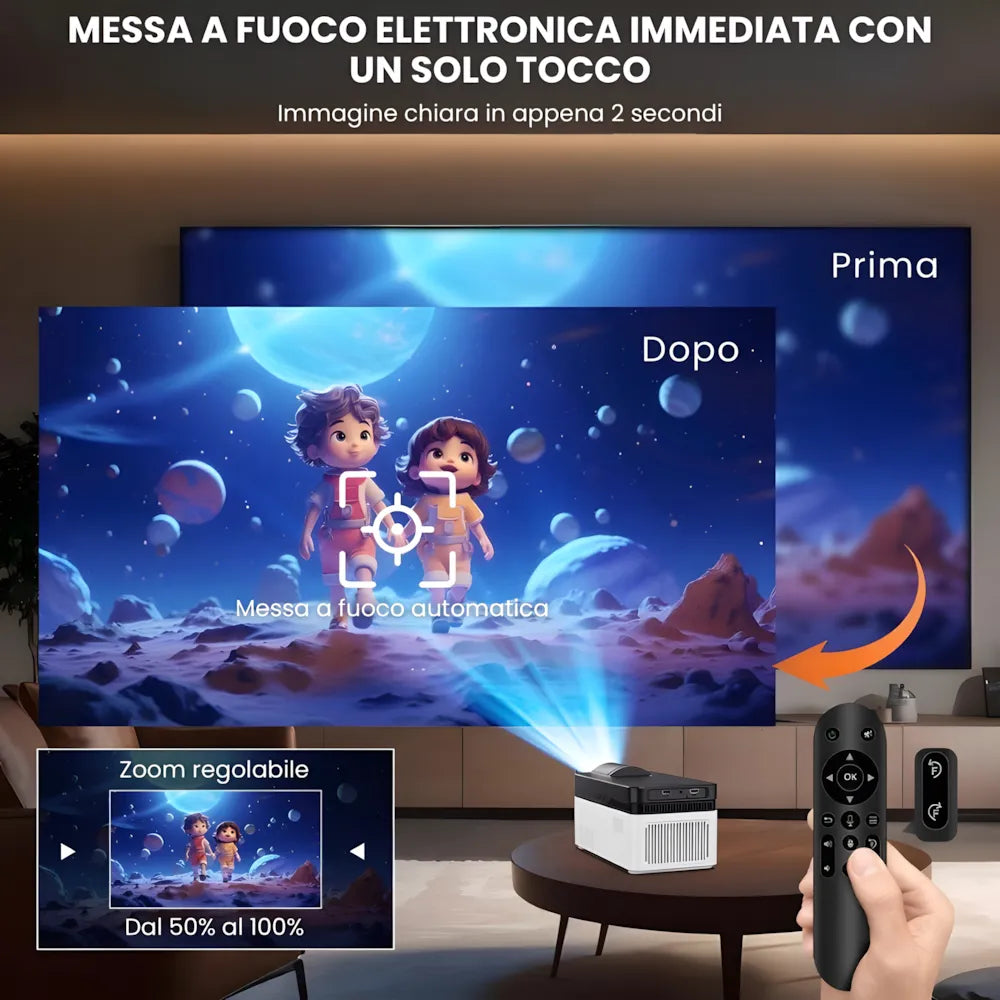 Proiettore home cinema ultra corta focale Full HD: Android 11, 900 ANSI lumen, autofocus, Wi-Fi 6 e immagine gigante a pochi centimetri dal muro