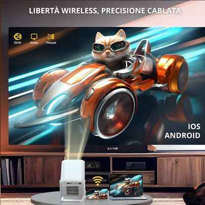 Proiettore portatile Full HD Android 11: autofocus, Wi-Fi 6, Bluetooth 5.2 supporto 180°, 420 ANSI lumen e streaming fino a 300 pollici ovunque