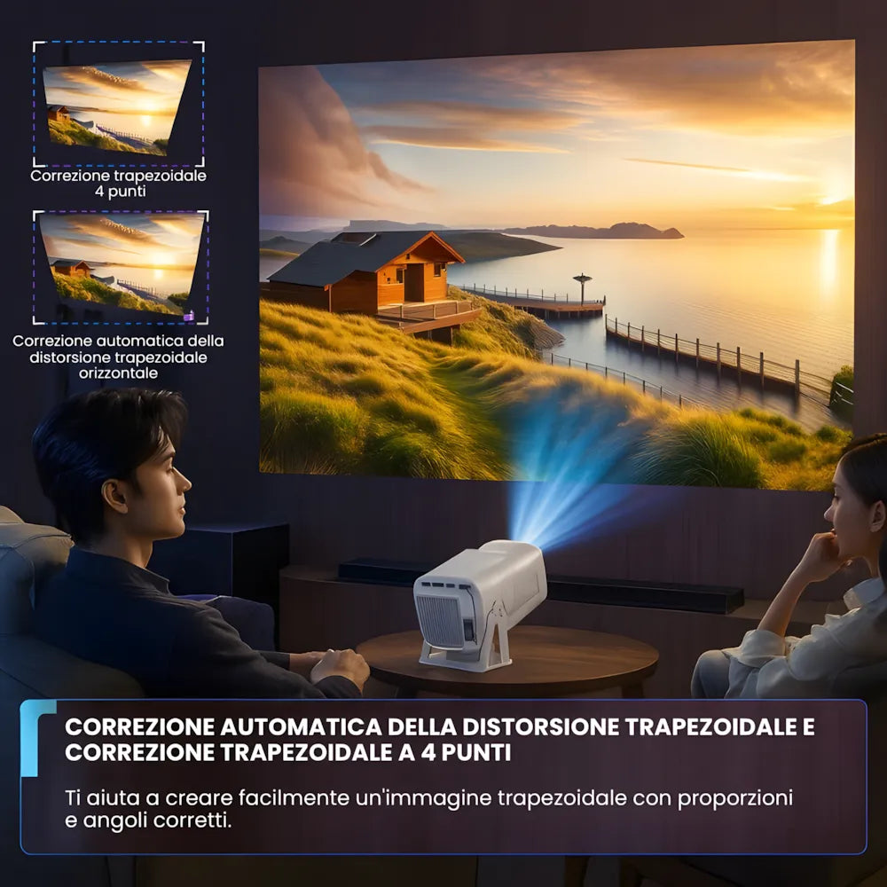 Proiettore portatile smart Full HD 1080p: Android 13, 500 ANSI lumen, base rotante, Wi-Fi 6 e streaming Netflix ovunque