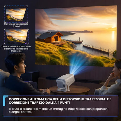 Proiettore portatile smart Full HD 1080p: Android 13, 500 ANSI lumen, base rotante, Wi-Fi 6 e streaming Netflix ovunque