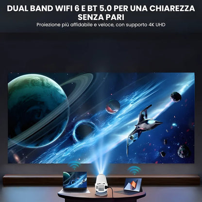 Mini proiettore HD portatile Android: base rotante 180°, autofocus, WiFi 6, Bluetooth e proiezione su muro o soffitto fino a 135”