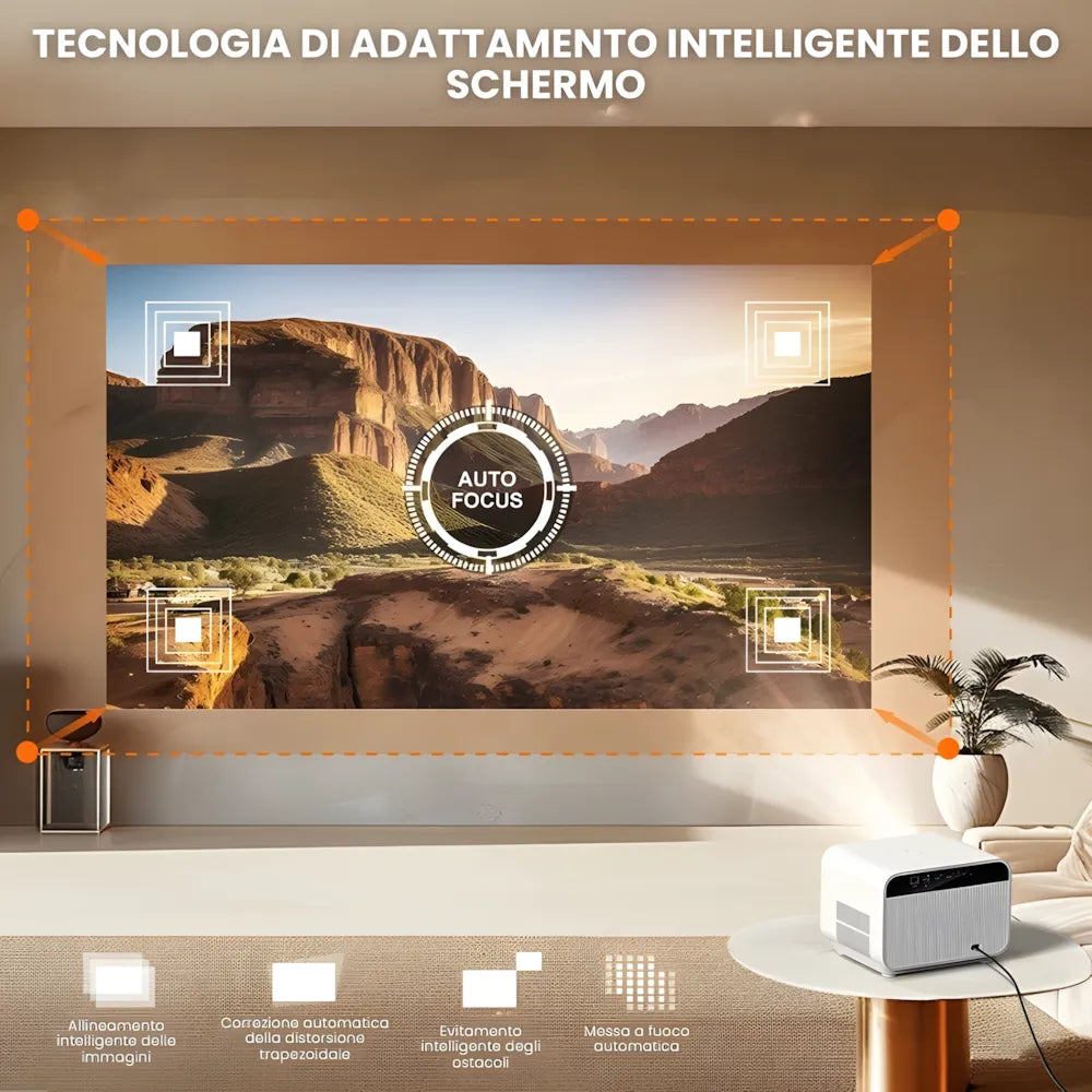 Proiettore Full HD Android: autofocus, Wi-Fi 6, Bluetooth 5.2 e streaming wireless fino a 300 pollici senza TV