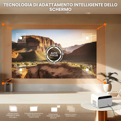 Proiettore Full HD Android: autofocus, Wi-Fi 6, Bluetooth 5.2 e streaming wireless fino a 300 pollici senza TV