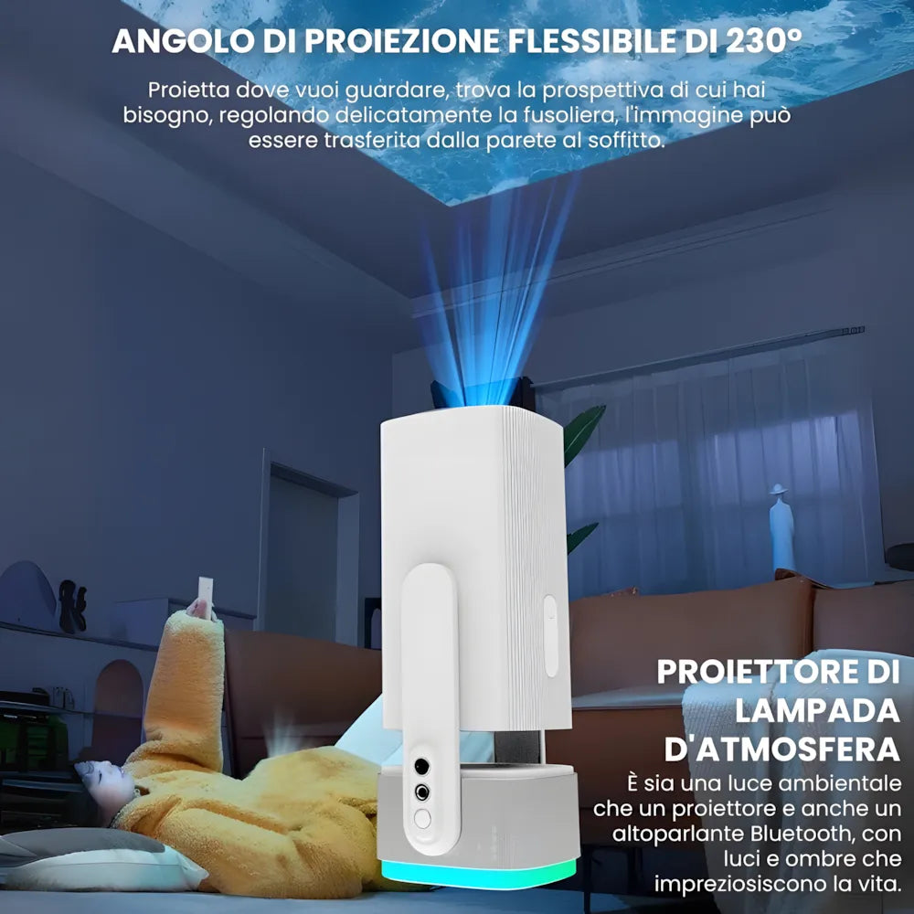 Proiettore Portatile Flessibile Android 11 – Angolo 230°, Autofocus, Batteria, WiFi 5G, Bluetooth 5.2, Audio 10W