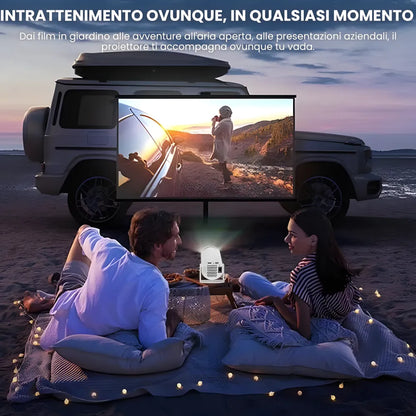 Mini proiettore HD portatile Android: base rotante 180°, autofocus, WiFi 6, Bluetooth e proiezione su muro o soffitto fino a 135”
