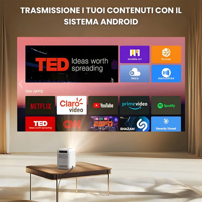 Mini proiettore compatto Android: HD 720p, auto focus, 300 ANSI lumen, anti-polvere e streaming fino a 200 pollici senza box esterno