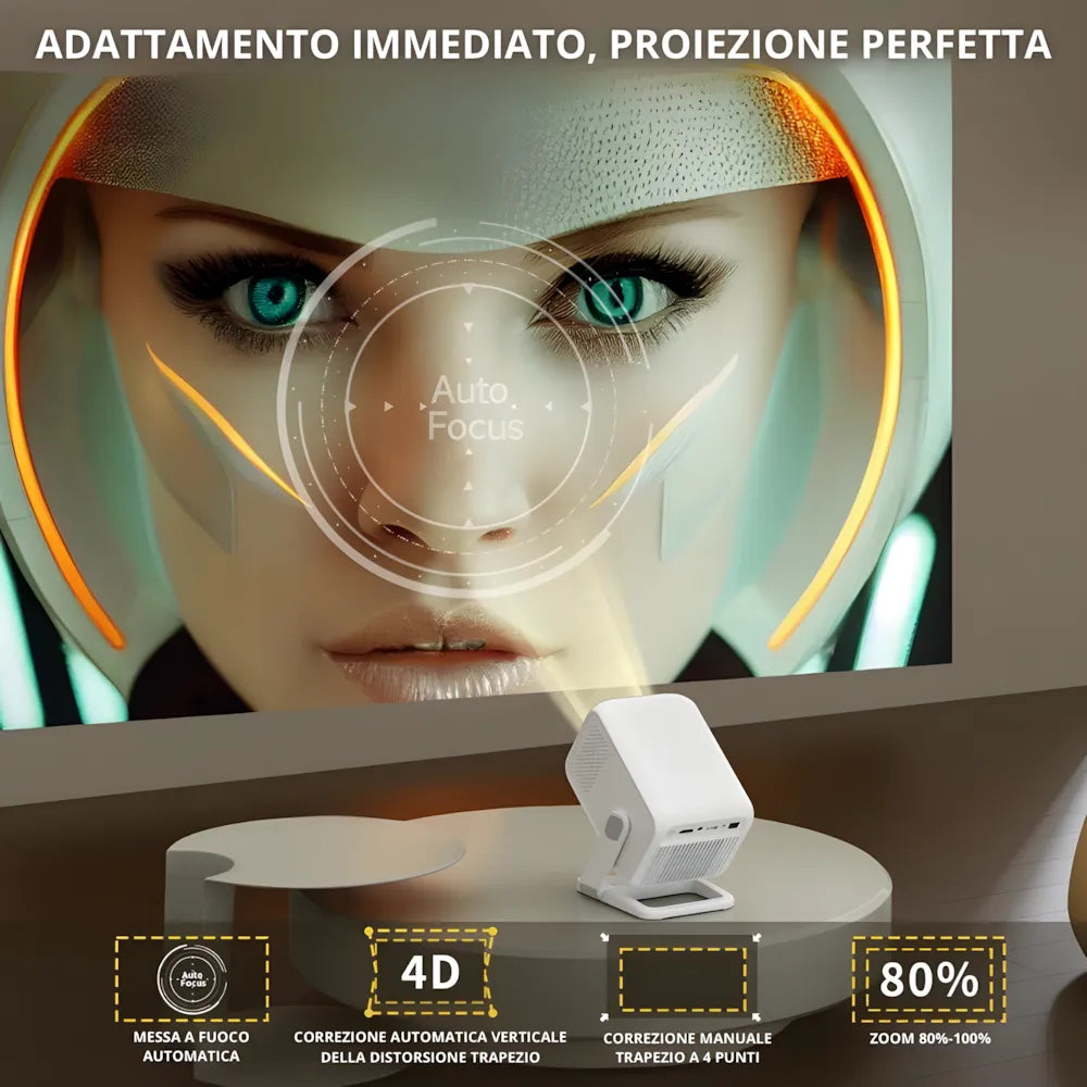 Proiettore portatile Full HD Android 11: autofocus, Wi-Fi 6, Bluetooth 5.2 supporto 180°, 420 ANSI lumen e streaming fino a 300 pollici ovunque