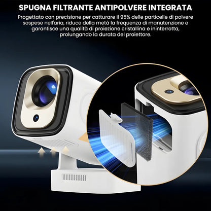 Proiettore portatile intelligente Full HD: cinema ovunque senza cavi, Android 11, WiFi 6 e autofocus per immagini perfette