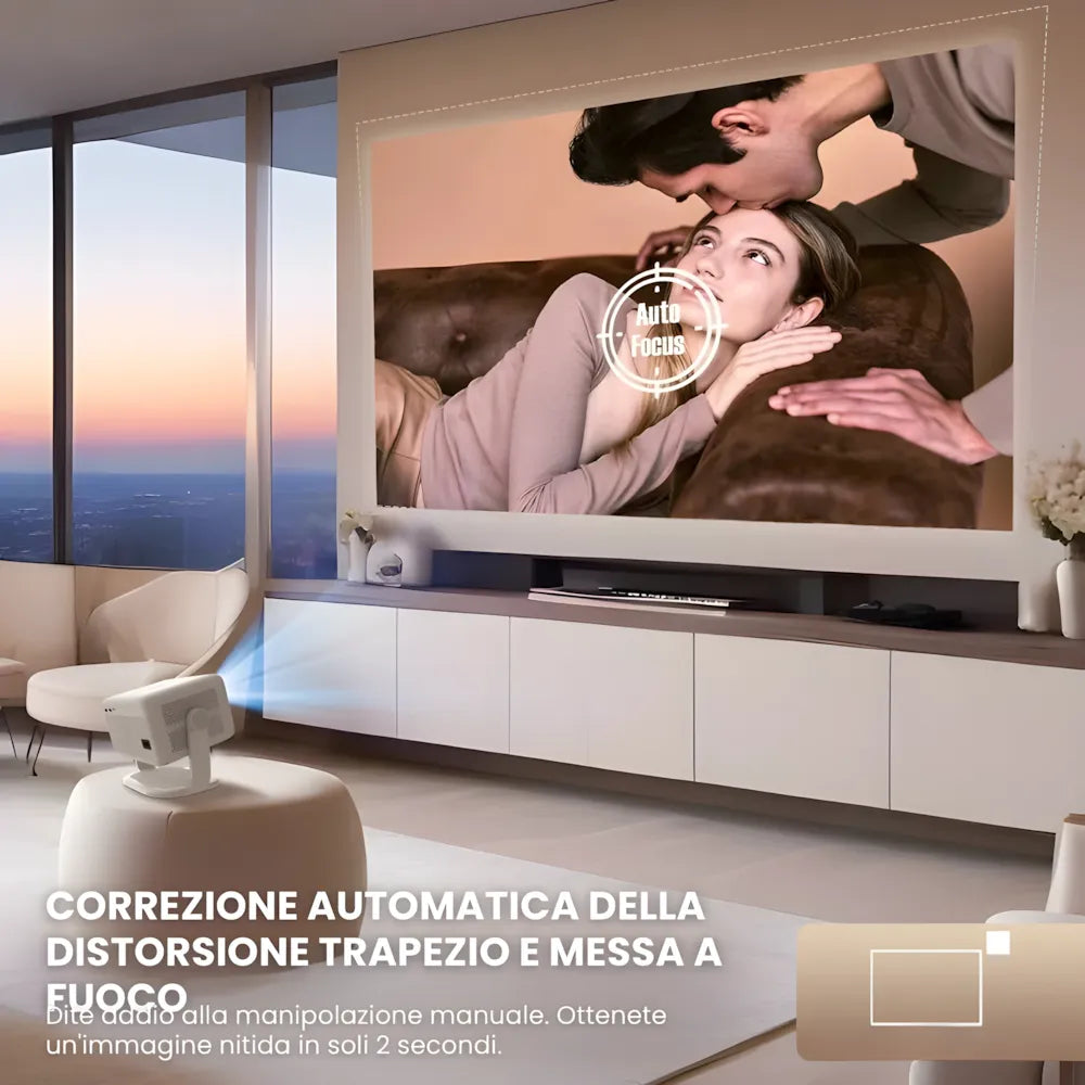 Proiettore portatile Full HD Android 11: 650 ANSI, autofocus, Wi-Fi 6, Bluetooth 5.2 e rotazione 360° per cinema, gaming e streaming ovunque