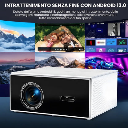 Proiettore home cinema Full HD 1200 ANSI: Android 13, autofocus 6D, Wi-Fi 6 e streaming Netflix/Disney+ senza limiti