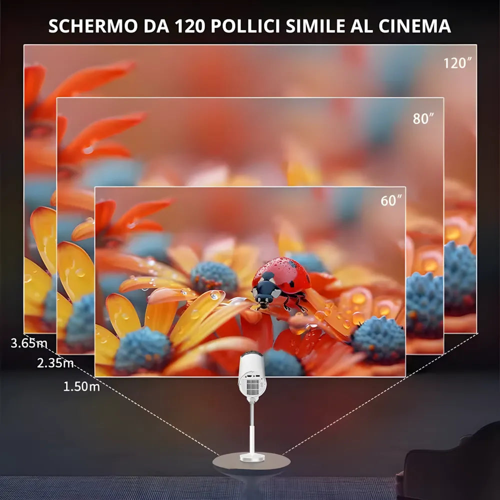 Mini proiettore portatile Android 13: 500 ANSI lumen, Wi-Fi 5G, rotazione 90°, plug and play per cinema ovunque