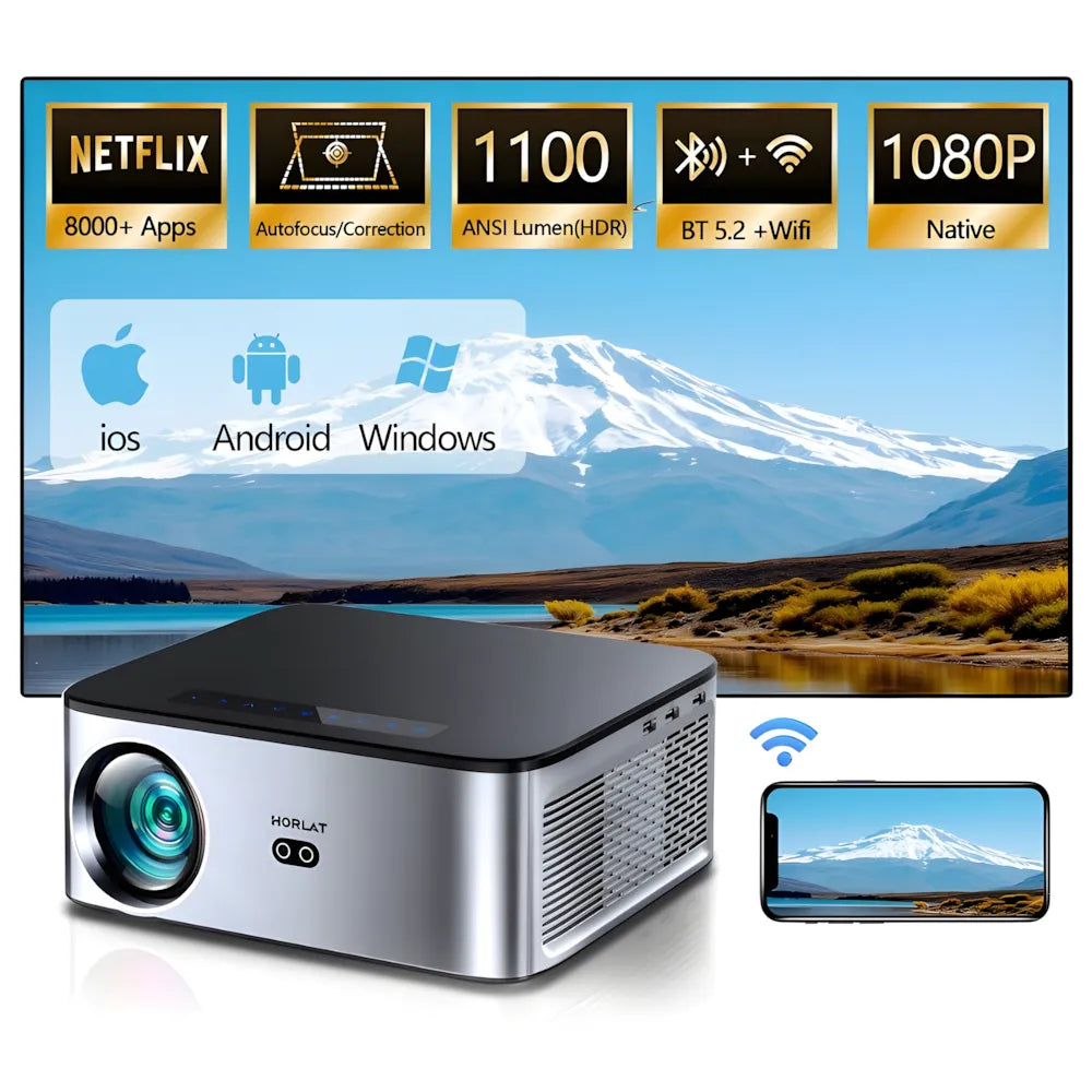 Proiettore home cinema Full HD 1100 ANSI: Android 9.0, autofocus, Wi-Fi 5G, Bluetooth 5.1 per streaming, gaming e cinema senza limiti
