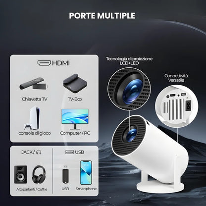 Mini proiettore HD portatile Android: base rotante 180°, autofocus, WiFi 6, Bluetooth e proiezione su muro o soffitto fino a 135”