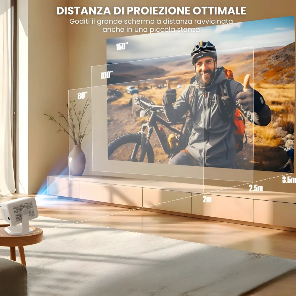 Proiettore portatile Full HD Android 11: 650 ANSI, autofocus, Wi-Fi 6, Bluetooth 5.2 e rotazione 360° per cinema, gaming e streaming ovunque