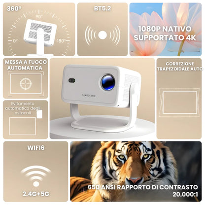 Proiettore portatile Full HD Android 11: 650 ANSI, autofocus, Wi-Fi 6, Bluetooth 5.2 e rotazione 360° per cinema, gaming e streaming ovunque