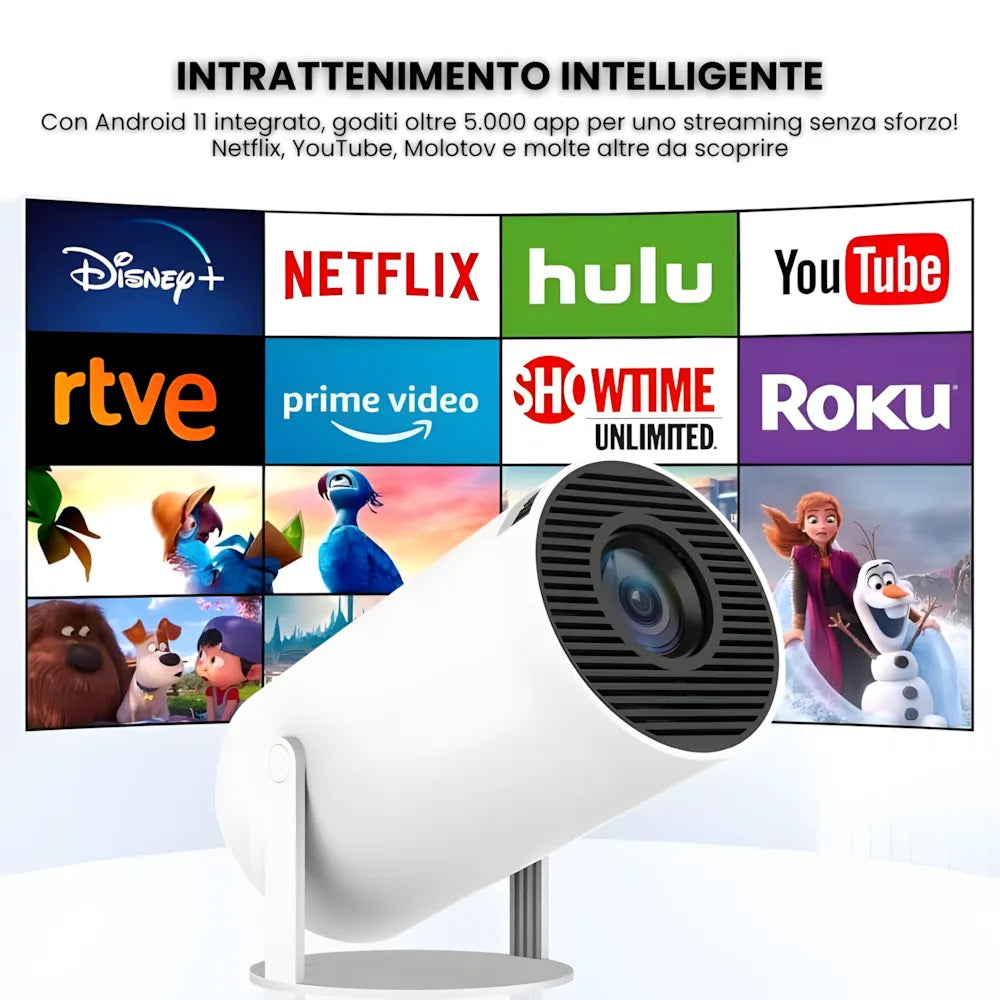 Mini proiettore HD portatile Android: base rotante 180°, autofocus, WiFi 6, Bluetooth e proiezione su muro o soffitto fino a 135”