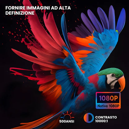 Proiettore portatile smart Full HD 1080p: Android 13, 500 ANSI lumen, base rotante, Wi-Fi 6 e streaming Netflix ovunque
