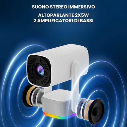 Proiettore Portatile Flessibile Android 11 – Angolo 230°, Autofocus, Batteria, WiFi 5G, Bluetooth 5.2, Audio 10W