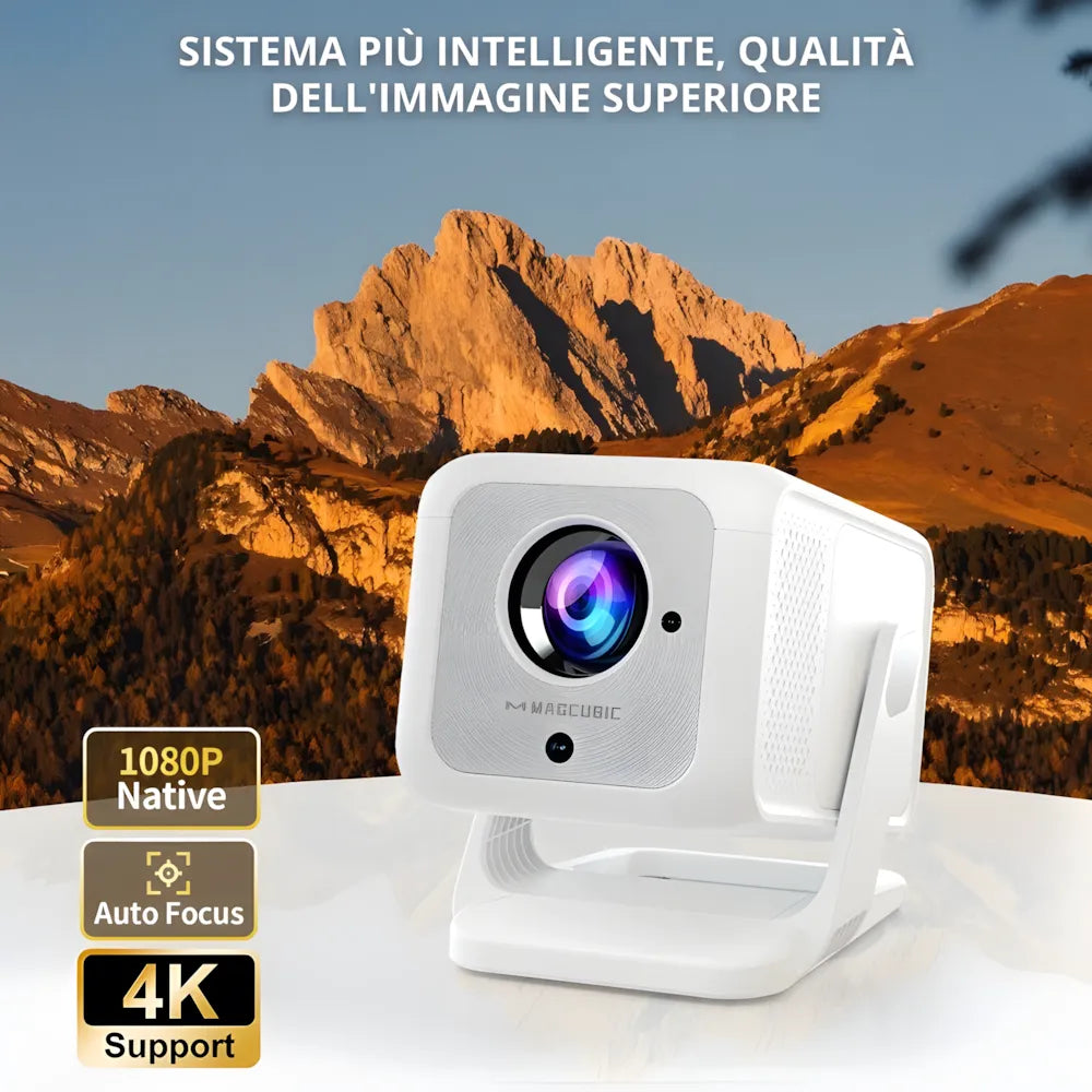 Proiettore portatile Full HD Android 11: autofocus, Wi-Fi 6, Bluetooth 5.2 supporto 180°, 420 ANSI lumen e streaming fino a 300 pollici ovunque