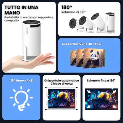 Mini proiettore HD portatile Android: base rotante 180°, autofocus, WiFi 6, Bluetooth e proiezione su muro o soffitto fino a 135”