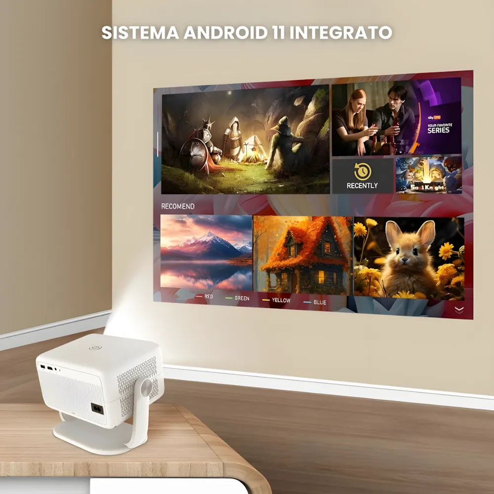 Proiettore portatile Full HD Android 11: 650 ANSI, autofocus, Wi-Fi 6, Bluetooth 5.2 e rotazione 360° per cinema, gaming e streaming ovunque