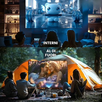 Proiettore portatile smart Full HD 1080p: Android 13, 500 ANSI lumen, base rotante, Wi-Fi 6 e streaming Netflix ovunque
