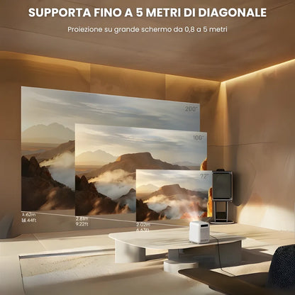Mini proiettore compatto Android: HD 720p, auto focus, 300 ANSI lumen, anti-polvere e streaming fino a 200 pollici senza box esterno