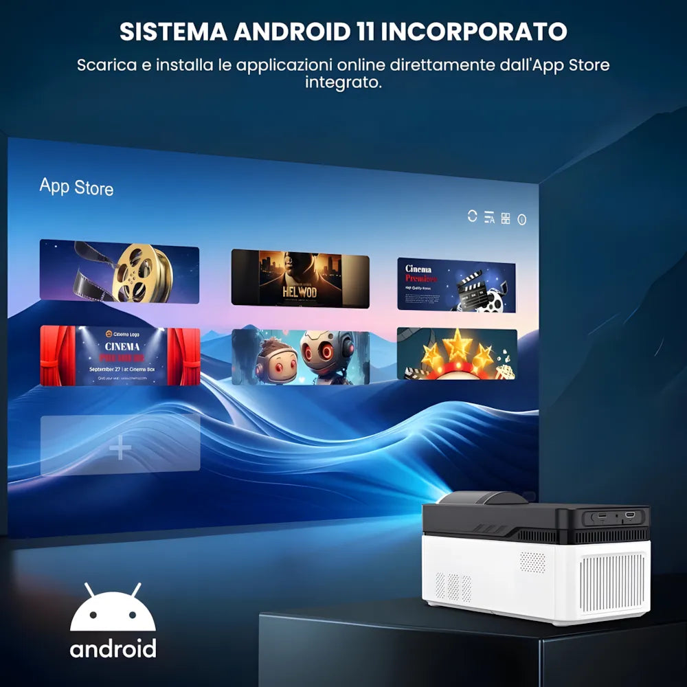 Proiettore home cinema ultra corta focale Full HD: Android 11, 900 ANSI lumen, autofocus, Wi-Fi 6 e immagine gigante a pochi centimetri dal muro