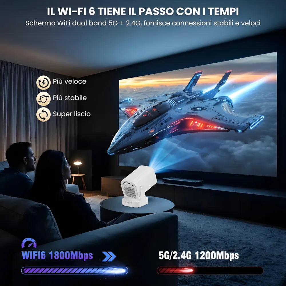 Proiettore portatile intelligente Full HD: cinema ovunque senza cavi, Android 11, WiFi 6 e autofocus per immagini perfette