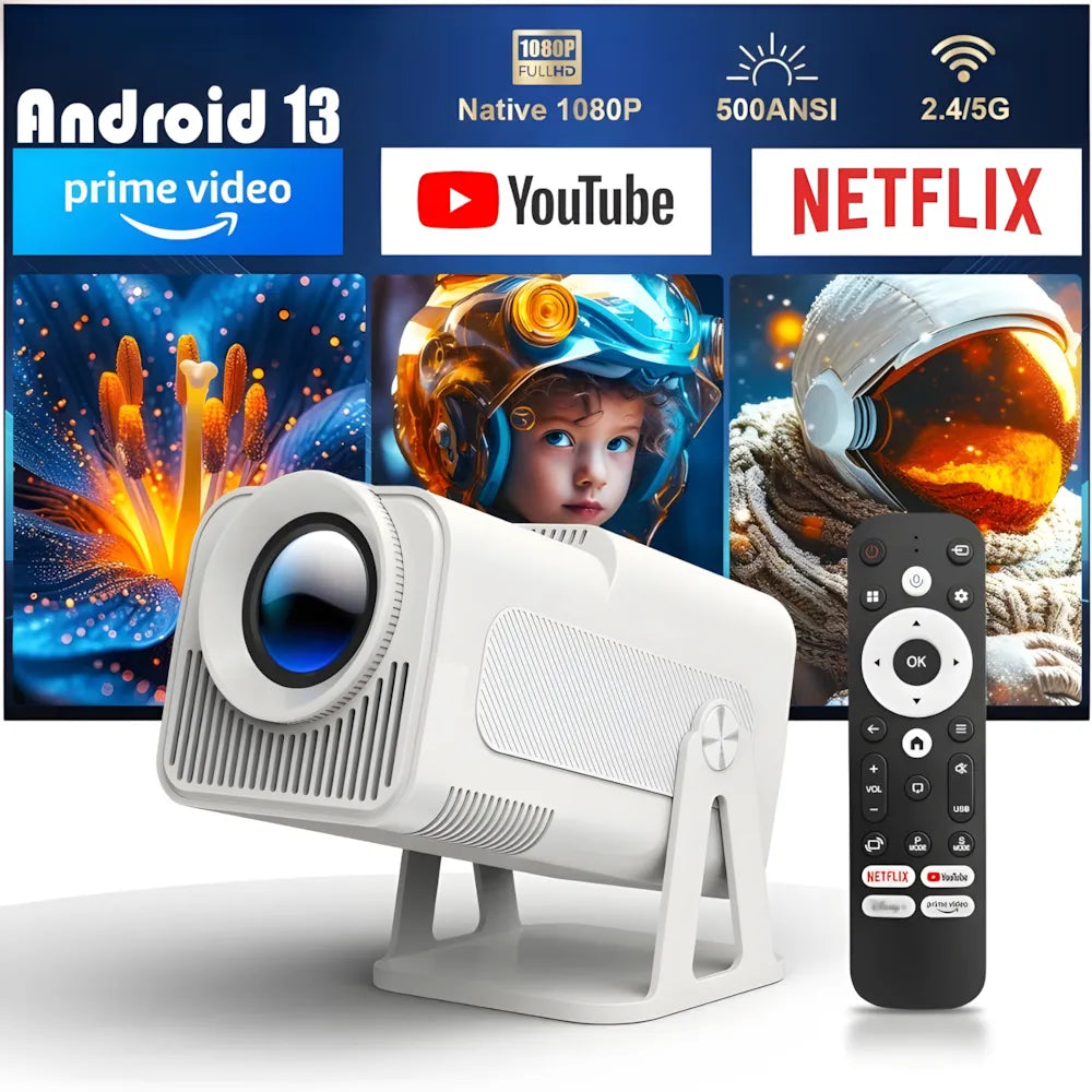 Proiettore portatile smart Full HD 1080p: Android 13, 500 ANSI lumen, base rotante, Wi-Fi 6 e streaming Netflix ovunque