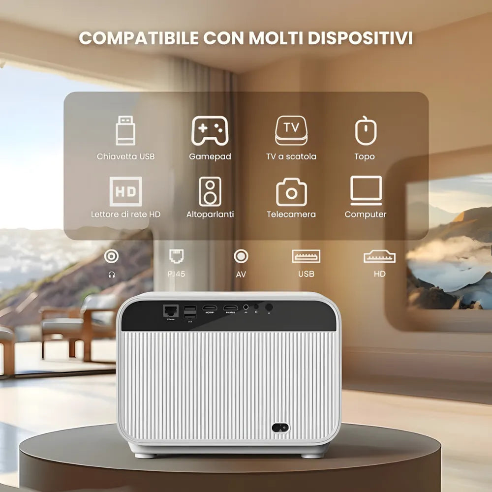 Proiettore Full HD Android: autofocus, Wi-Fi 6, Bluetooth 5.2 e streaming wireless fino a 300 pollici senza TV