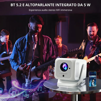 Proiettore portatile Full HD Android 11: autofocus, Wi-Fi 6, Bluetooth 5.2 supporto 180°, 420 ANSI lumen e streaming fino a 300 pollici ovunque