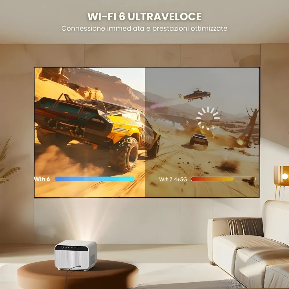 Proiettore Full HD Android: autofocus, Wi-Fi 6, Bluetooth 5.2 e streaming wireless fino a 300 pollici senza TV