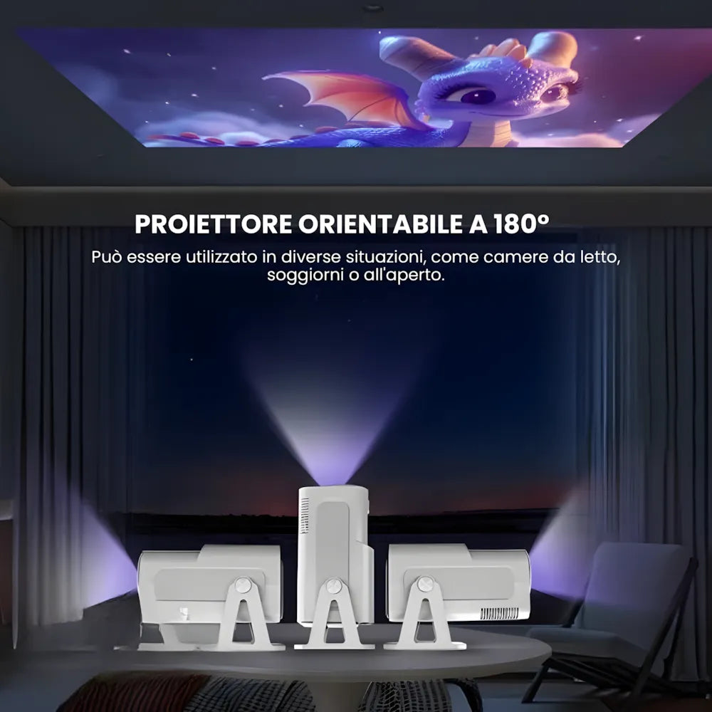 Proiettore portatile smart Full HD 1080p: Android 13, 500 ANSI lumen, base rotante, Wi-Fi 6 e streaming Netflix ovunque