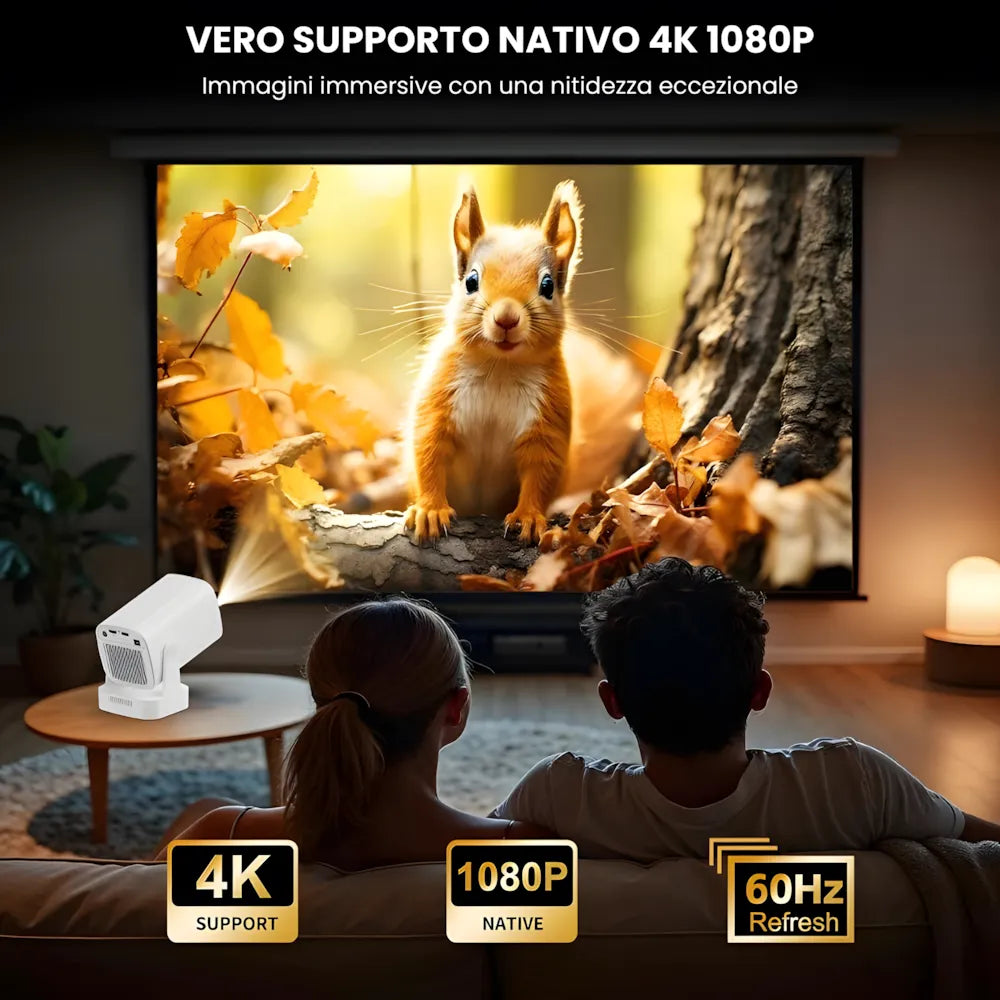 Proiettore portatile intelligente Full HD: cinema ovunque senza cavi, Android 11, WiFi 6 e autofocus per immagini perfette