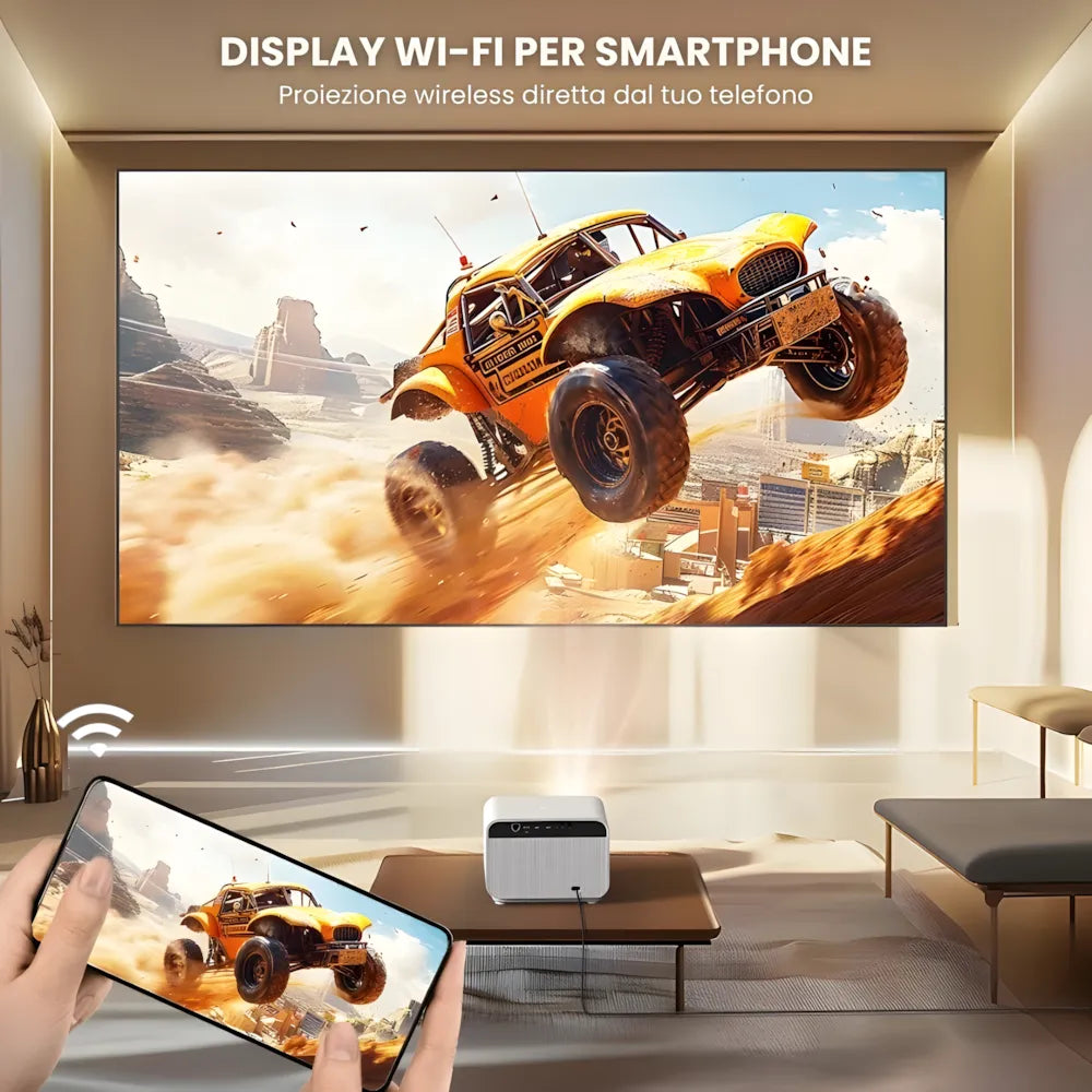 Proiettore Full HD Android: autofocus, Wi-Fi 6, Bluetooth 5.2 e streaming wireless fino a 300 pollici senza TV