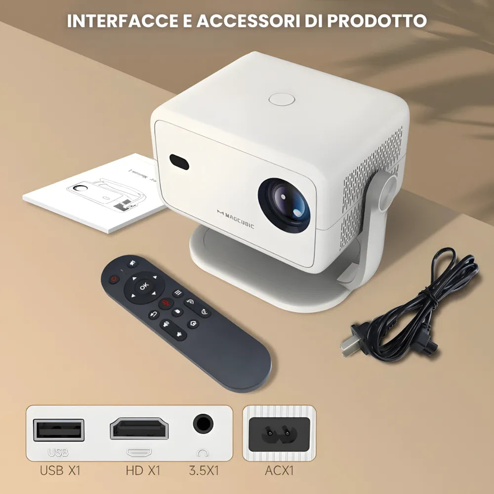Proiettore portatile Full HD Android 11: 650 ANSI, autofocus, Wi-Fi 6, Bluetooth 5.2 e rotazione 360° per cinema, gaming e streaming ovunque