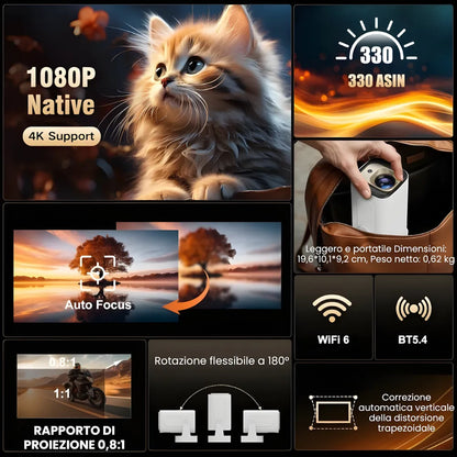 Proiettore portatile intelligente Full HD: cinema ovunque senza cavi, Android 11, WiFi 6 e autofocus per immagini perfette