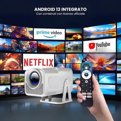Proiettore portatile smart Full HD 1080p: Android 13, 500 ANSI lumen, base rotante, Wi-Fi 6 e streaming Netflix ovunque