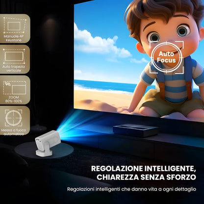 Proiettore portatile intelligente Full HD: cinema ovunque senza cavi, Android 11, WiFi 6 e autofocus per immagini perfette