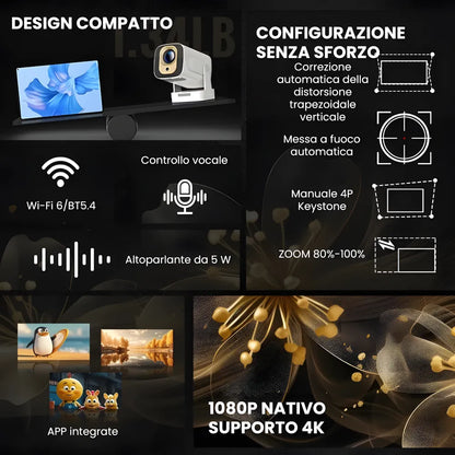Proiettore portatile intelligente Full HD: cinema ovunque senza cavi, Android 11, WiFi 6 e autofocus per immagini perfette