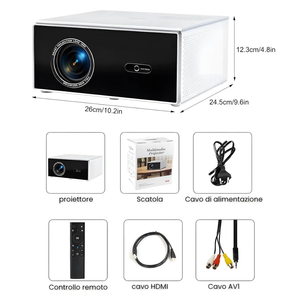 Proiettore home cinema Full HD 1200 ANSI: Android 13, autofocus 6D, Wi-Fi 6 e streaming Netflix/Disney+ senza limiti