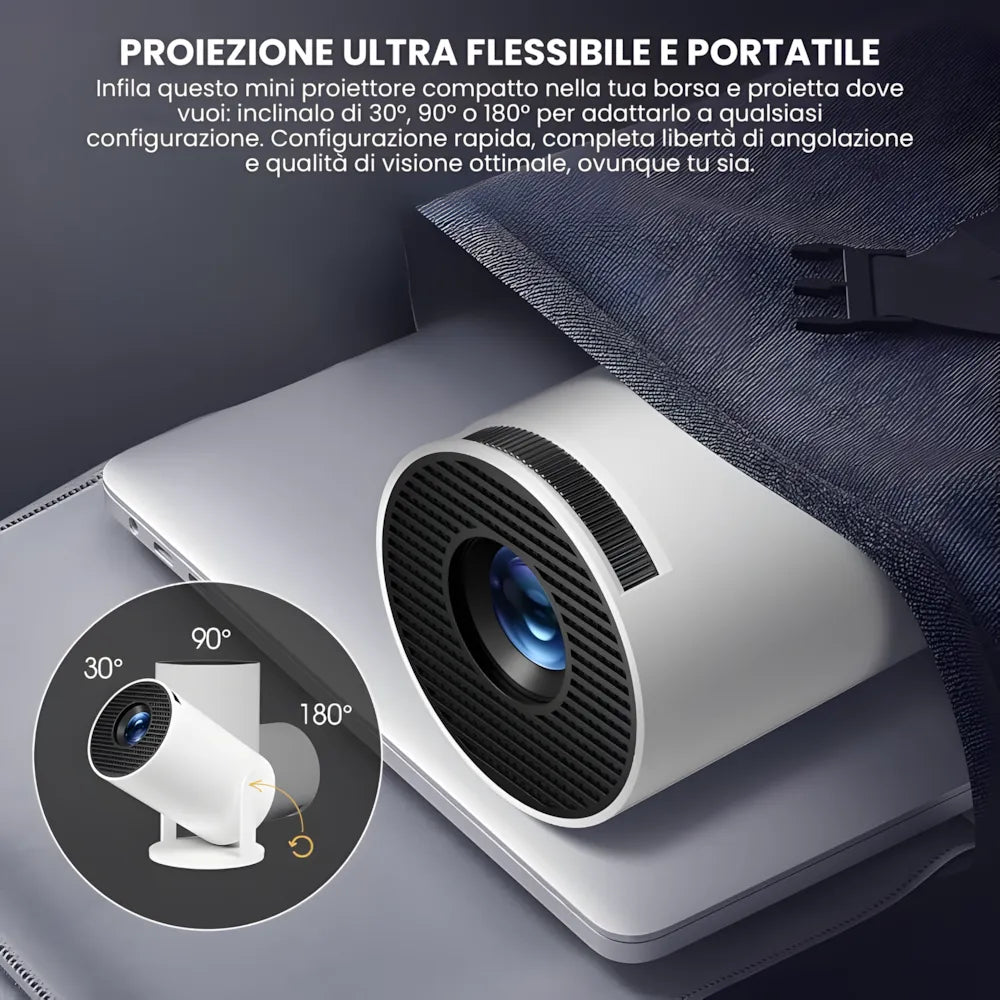 Mini proiettore HD portatile Android: base rotante 180°, autofocus, WiFi 6, Bluetooth e proiezione su muro o soffitto fino a 135”